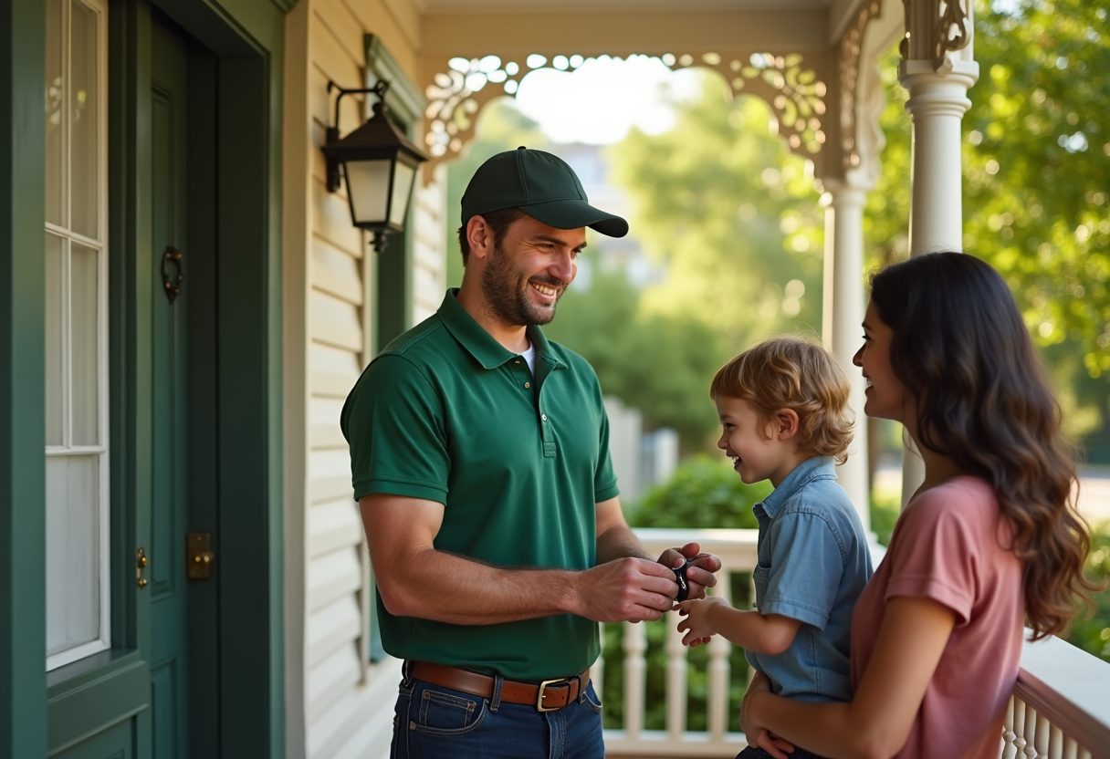 Locksmith handing new keys to a family on their verandah — Gordon